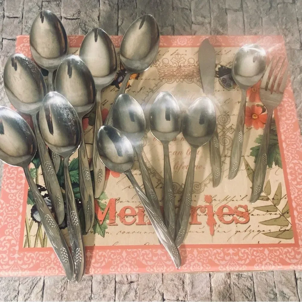 Vintage 1950s Castle Court Wheat Pattern 14Pc Stainless Steel Flatware Set